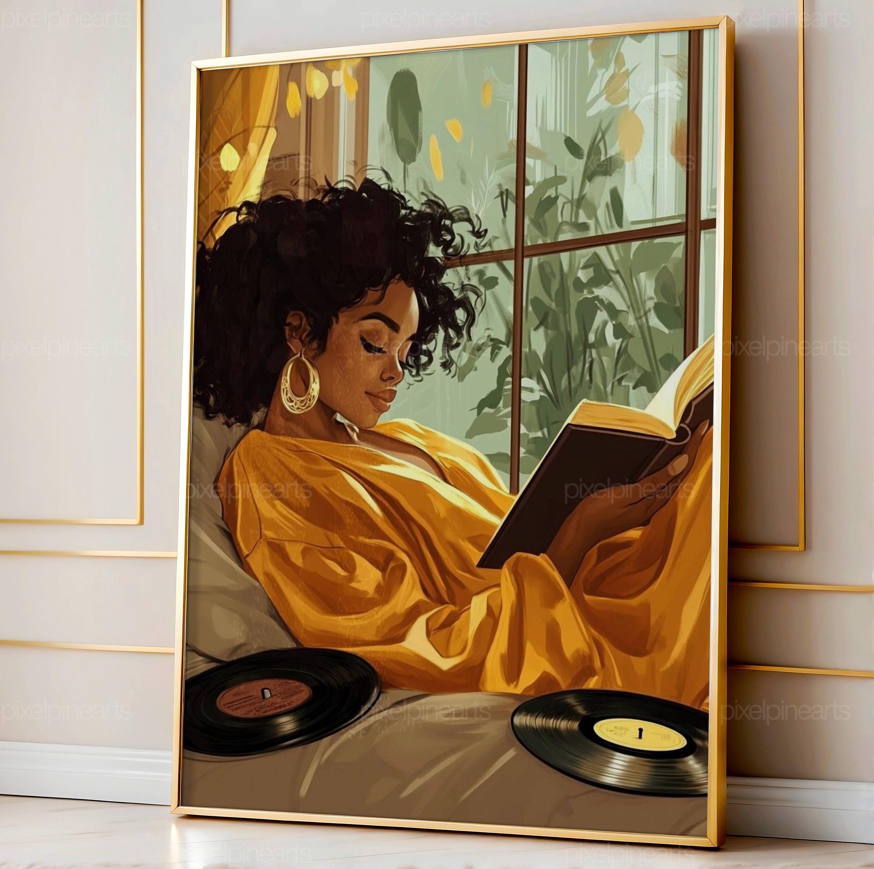 Black Girl Bedroom Digital Art, Afro Girl Reading Poster, Vinyl and ...