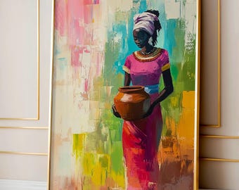 May include: A framed abstract painting shows a woman in a pink dress and headscarf holding a brown pot. The background features colourful brushstrokes of pink, green, blue, and yellow. The artwork has a textured appearance.