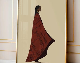 African Woman Minimalist Art, Tribal Cape Neutral Wall Print, Modern Afrocentric Silhouette Poster, Elegant Black Woman Digital Decor