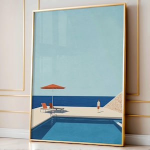 May include: A minimalist illustration of a swimming pool with a red umbrella and two lounge chairs. The pool is surrounded by a white deck and a blue ocean in the background. A person is standing in the water.