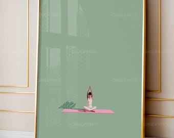 Yoga Wall Art, Tiny Yoga Woman Print, Minimalist Wellness Poster, Green Yoga Room Decor, Meditation Fitness Digital Print