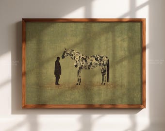 Modern Folk Cowboy & Horse Art Print, Abstract Western Wall Decor, Rustic Country Illustration for Farmhouse and Ranch Homes