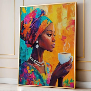 Black Woman Relaxing Wall Art, Girl With Coffee Digital Print, Afro Wall Art, African American Art, Black Love, Black Sister Artwork