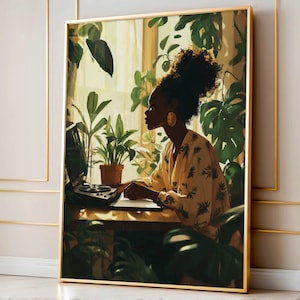 Black Woman Journaling Art Print: Afrocentric Home Office Decor (Digital Download)