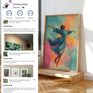 May include: A framed art print featuring a woman in a flowing teal dress with arms outstretched, set against a vibrant abstract background of teal, orange, and pink. The artwork is displayed on a wooden shelf.