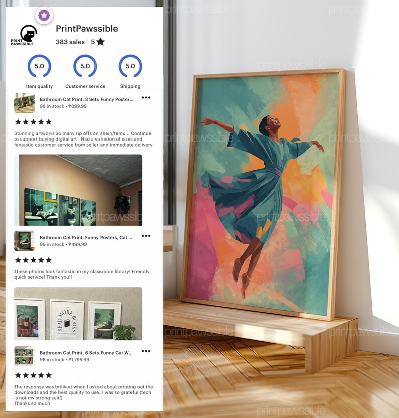 May include: A framed art print featuring a woman in a flowing teal dress with arms outstretched, set against a vibrant abstract background of teal, orange, and pink. The artwork is displayed on a wooden shelf.