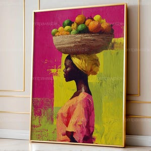 Puede incluir: Pintura abstracta de una persona que lleva una cesta de fruta sobre la cabeza. La persona lleva un pañuelo amarillo y una prenda rosa y naranja. El fondo está dividido en secciones rosas y amarillas, con un marco dorado.