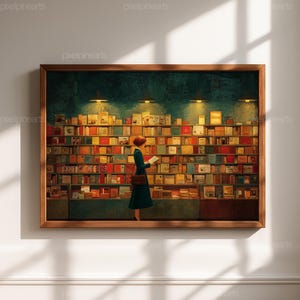 May include: A framed art print depicts a woman in a teal dress reading in a library. The library features a wall of books in various colors, illuminated by overhead lights. The frame is a warm brown.