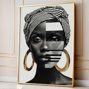 Elegant Black Woman Art, Afro Chic Portrait, Digital African Collage, Gold Earrings, Modern Bold Afrocentric Illustration