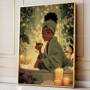 May include: A framed art print shows a woman in a bathtub, holding a glass of wine. She wears a green robe and head wrap. The scene includes lit candles, bubbles, and floral accents, creating a relaxing spa-like atmosphere.