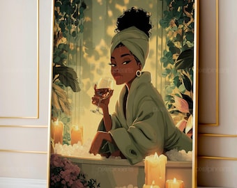 May include: A framed art print depicts a woman in a bathtub, holding a glass of wine. She wears a green robe and head wrap. The scene includes lit candles, bubbles, and floral accents, creating a relaxing spa-like atmosphere.