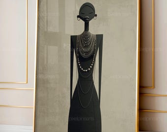 Abstract African Woman Art, Beaded Necklace Wall Print, Minimalist Afrocentric Decor, Black Woman Digital Wall Art