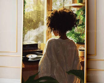 May include: A framed art print depicts a person with dark curly hair, facing a window with sunlight streaming through. A record player sits on a wooden surface, with a coffee cup and plants nearby. The artwork is in a gold frame.