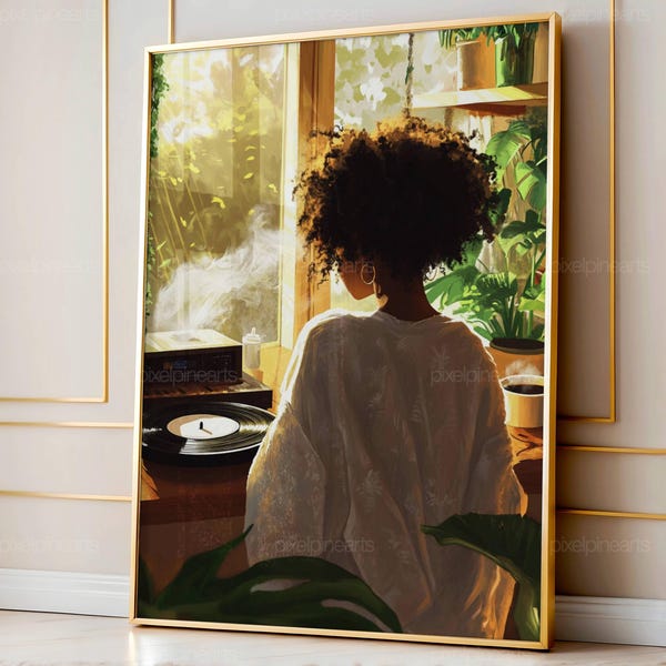 Arte de mujer negra, música, disco de vinilo, arte mural de chica negra, vibras matutinas, arte abstracto retro, decoración de pared de mujer negra, arte negro imprimible