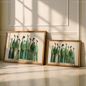 Puede incluir: Dos impresiones art&iacute;sticas enmarcadas que representan un grupo de figuras estilizadas en varios tonos de verde. Las figuras tienen cuerpos alargados y se destacan sobre un fondo crema. Los marcos son de color dorado c&aacute;lido, a&ntilde;adiendo elegancia.
