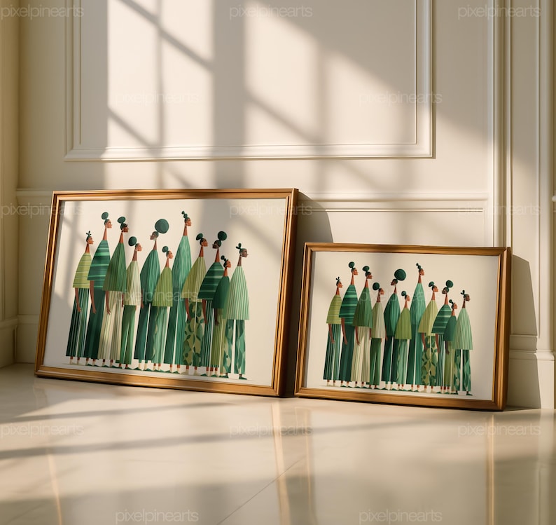 Puede incluir: Dos impresiones art&iacute;sticas enmarcadas que representan un grupo de figuras estilizadas en varios tonos de verde. Las figuras tienen cuerpos alargados y se destacan sobre un fondo crema. Los marcos son de color dorado c&aacute;lido, a&ntilde;adiendo elegancia.