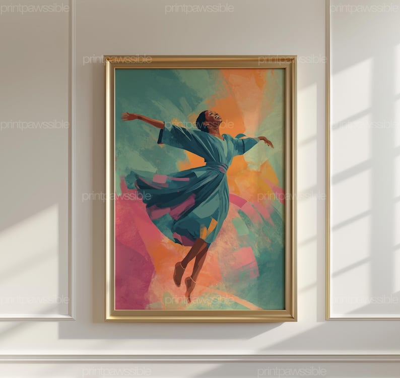 May include: Framed art print featuring a person in a flowing teal dress, arms outstretched in a dance pose. The background has abstract brushstrokes of teal, orange, and pink. The artwork is in a gold frame.