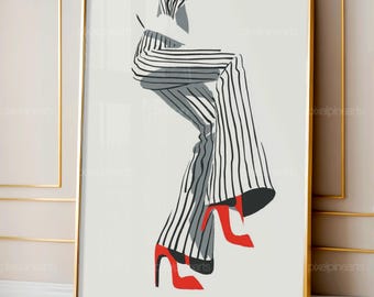 Fashion Wall Art, Red High Heels Print, Striped Pants Illustration, Black and White Fashion Decor, Minimalist Digital Print