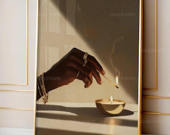 Black Girl Candle Lighting Art | Melanin Hand Poster | Feminine Soft Light Decor | Fashionable Neutral Wall Download