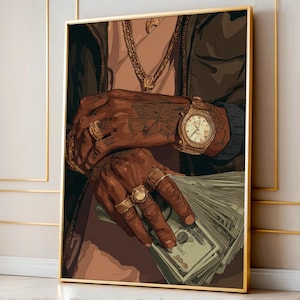 Arte de parede com dinheiro de homem negro, pôster de riqueza streetwear, impressão de mãos urbanas ousadas, decoração de moda Hypebeast, download digital para homens