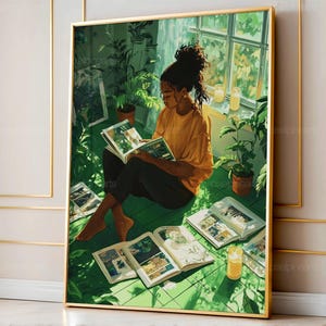 May include: A framed art print depicts a person reading surrounded by plants and open books. The person wears an orange shirt and black pants, sitting on a green floor. The artwork has a warm, inviting color palette with a gold frame.