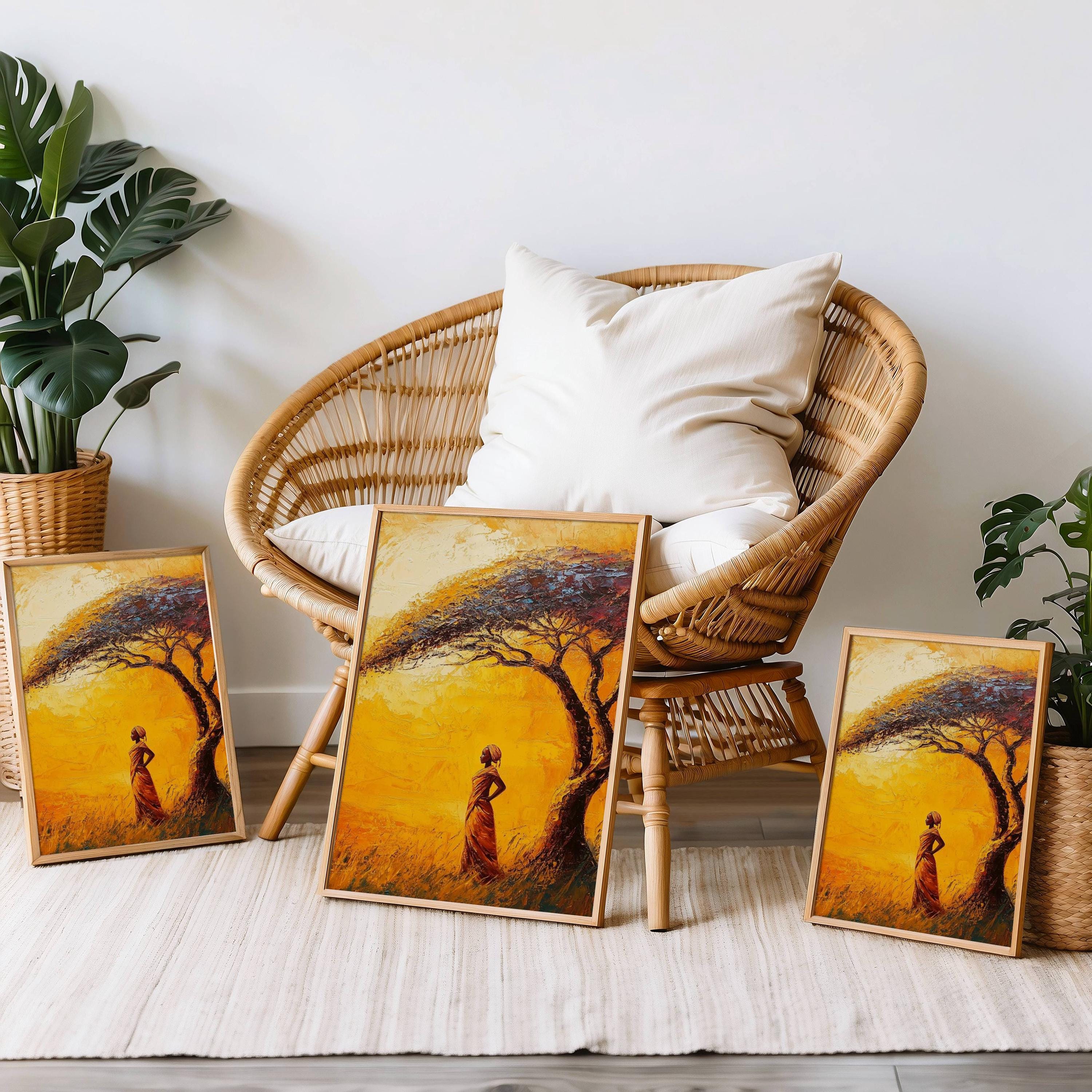 African Woman Tree Art, Afro Sunrise Wall Print, Ethnic Solitude