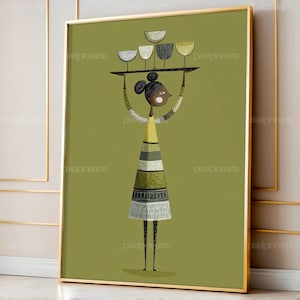 May include: Art print of a stylized figure carrying a tray of wine glasses. The figure is depicted with a dark bun, a yellow and green striped dress, and thin black legs. The background is a solid olive green.