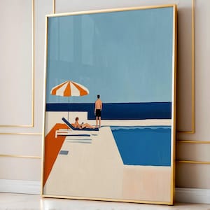 Retro Swimming Art, Man And Woman Sunbathing, Swimming Pool Digital Print, Sea Poster, Summer Wall Decor, Minimalist Swim Art
