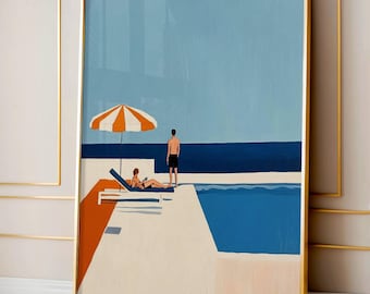 Retro Schwimmen Kunst, Mann und Frau Sonnenbaden, Schwimmbad Digitaldruck, Meer Poster, Sommer Wand Dekor, minimalistischen Schwimmen Kunst