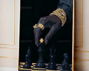 Chess Wall Art, Black Rook Print, Chess Player Gift, Black and Gold Decor, Modern Game Room Art, Luxury Chess Poster, Digital Print