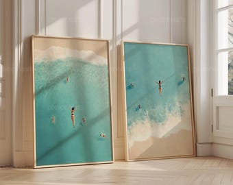 ワイルドスイミングのウォールアート、海に飛び込む女性のプリント、海での水泳のデジタルポスター、オープンウォータースイミングの装飾、スイマーのための海辺のアート