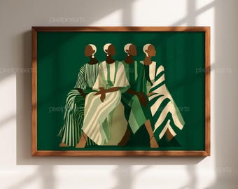 May include: A framed art print featuring four figures in flowing dresses, rendered in shades of green and white. The figures are seated against a dark green backdrop, with a wooden frame. The artwork has a minimalist, modern aesthetic.