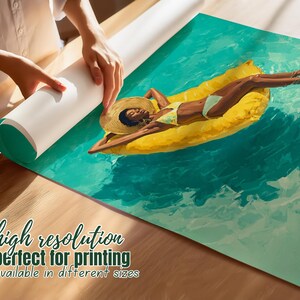 May include: A rolled print of a woman relaxing on a yellow inflatable raft in a pool. The woman is wearing a straw hat and a bikini. The print has the text "high resolution perfect for printing available in different sizes".