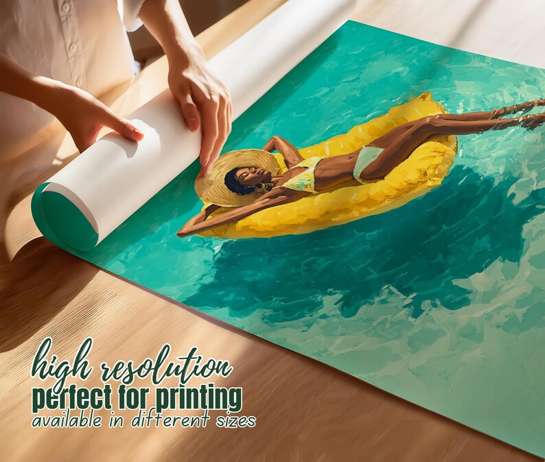 May include: A rolled print of a woman relaxing on a yellow inflatable raft in a pool. The woman is wearing a straw hat and a bikini. The print has the text "high resolution perfect for printing available in different sizes".