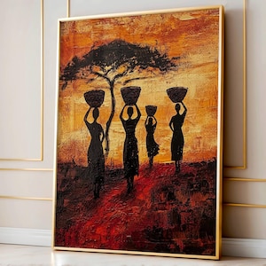 African Women Basket Art, Afro Savannah Path Wall Print, Vertical African Wall Art, Tribal Life Home Decor