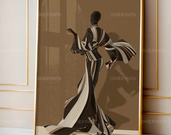 Wirbelnde Frau Kunstdruck, abstrakte Afro digitale Kunst, gestreiftes Kleid Wanddekor, Erdton modern minimalistisch