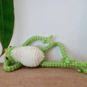 May include: A handmade crochet frog in a relaxed pose. The frog is primarily light green with a white belly. Its arms and legs are extended, and it has small black eyes. The frog is lying on a wooden surface.