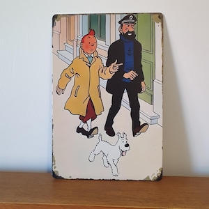 The Adventures Of Tintin Vintage Inspired Sign, Tintin & His Dog Snowy Vintage Sign, Large Metal Sign Of Tintin And captain Haddock