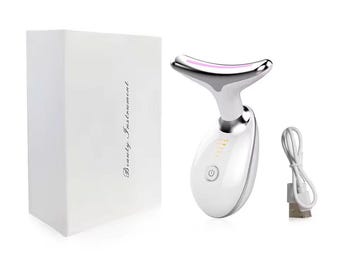 Masajeador facial EMS de microcorriente para cuello y rostro. Dispositivo para reafirmar la piel del cuello y el rostro. Terapia de fotones LED antiarrugas.