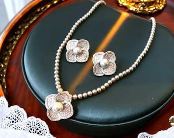 Parelbloem ketting en oorbellen set - Antiek stijl vrouwen cadeau