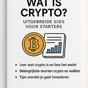 Pode incluir: Uma capa de livro branca com o título "What is Crypto?" e o subtítulo "Uitgebreide Gids Voor Starters". A capa apresenta um símbolo Bitcoin amarelo e um gráfico com barras azuis.