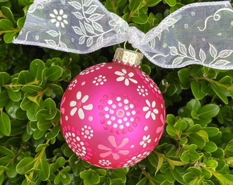 Hand Painted Glass Christmas Ornament - Modern Polka Dot Flower Design on Hot Pink Ornament - Personalized Glass Ball, Christmas Bauble 2024