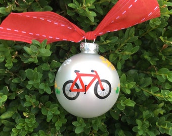 Bicycle Ornament - Personalized Hand Painted Christmas Ornament - Glass Ball Bike Ornament, Bike Riding, Red Bike, Free Personalizing