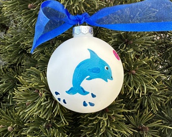 Blue Dolphin Ornament, Personalized Hand Painted Glass Christmas Ornament, Beach Vacation Souvenir