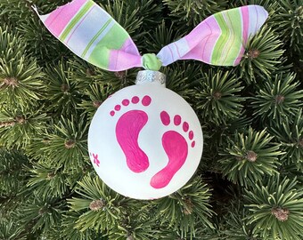 Pink Baby Footprint Ornament for Baby Shower, New Parent or Gender Reveal - Hand Painted Personalized Christmas Ornament - It's a Girl