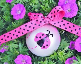 Pink Ladybug Ornament - Baby's 1st Christmas Ornament - Personalized - Hand Painted Glass Bauble, Ladybug Baby Shower, Memorial