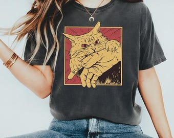 Unisex Horror Cat Bite Shirt, Vintage Japanese Horror Anime Shirt, Retro Cat Shirt, Cats Crazy Shirts, Cat Lover Gift, Comfort Colors Shirt