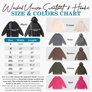 Puede incluir: Tabla de tallas y colores para sudaderas y sudaderas con capucha unisex lavadas. Disponible en negro, crema, gris, marr&oacute;n, verde y rojo. Tallas de la S a la 5XL, con anchos de 62,2 cm a 76,2 cm y largos de 66 cm a 81,3 cm. Fabricado en algod&oacute;n y poli&eacute;ster.