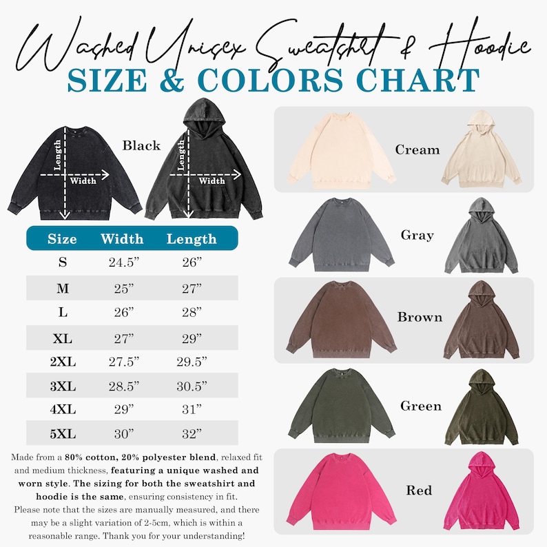 Puede incluir: Tabla de tallas y colores para sudaderas y sudaderas con capucha unisex lavadas. Disponible en negro, crema, gris, marr&oacute;n, verde y rojo. Tallas de la S a la 5XL, con anchos de 62,2 cm a 76,2 cm y largos de 66 cm a 81,3 cm. Fabricado en algod&oacute;n y poli&eacute;ster.