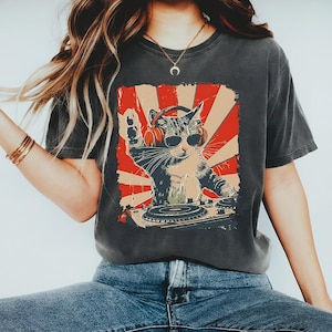Chemise unisexe rétro cool DJ chat chat, chemise drôle de chat avec casque, sweat-shirt DJ chat, chemise graphique chat tendance, cadeau pour les amoureux des chats